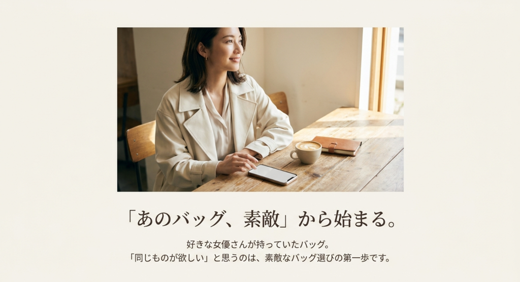 カフェで過ごす女性の姿とともに、好きな女優が持っていたバッグへの憧れをバッグ選びのきっかけにすることを表した画像