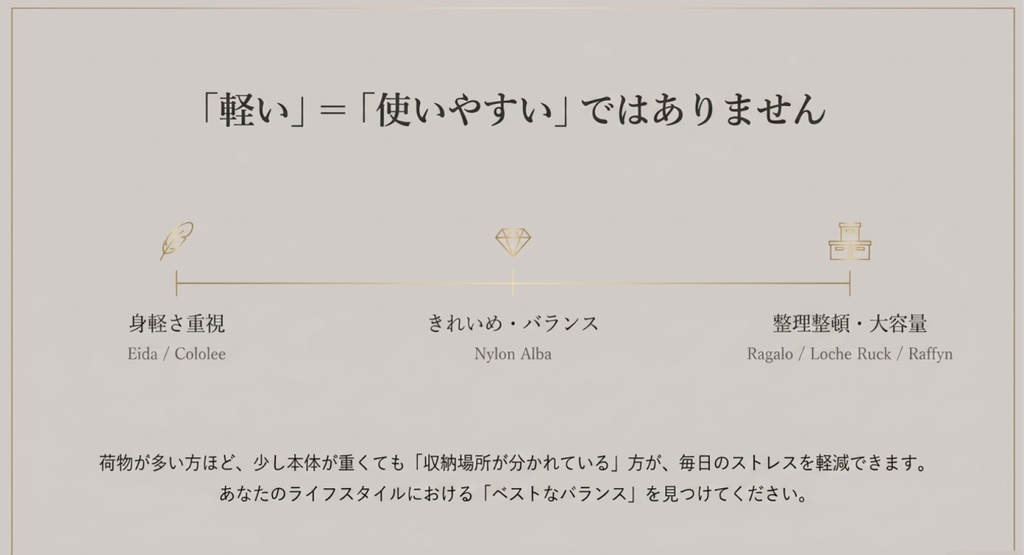 軽さ重視、きれいめとバランス、整理整頓と大容量の3つの軸にリュックを分類し、用途に合ったバランスで選ぶことを示した図