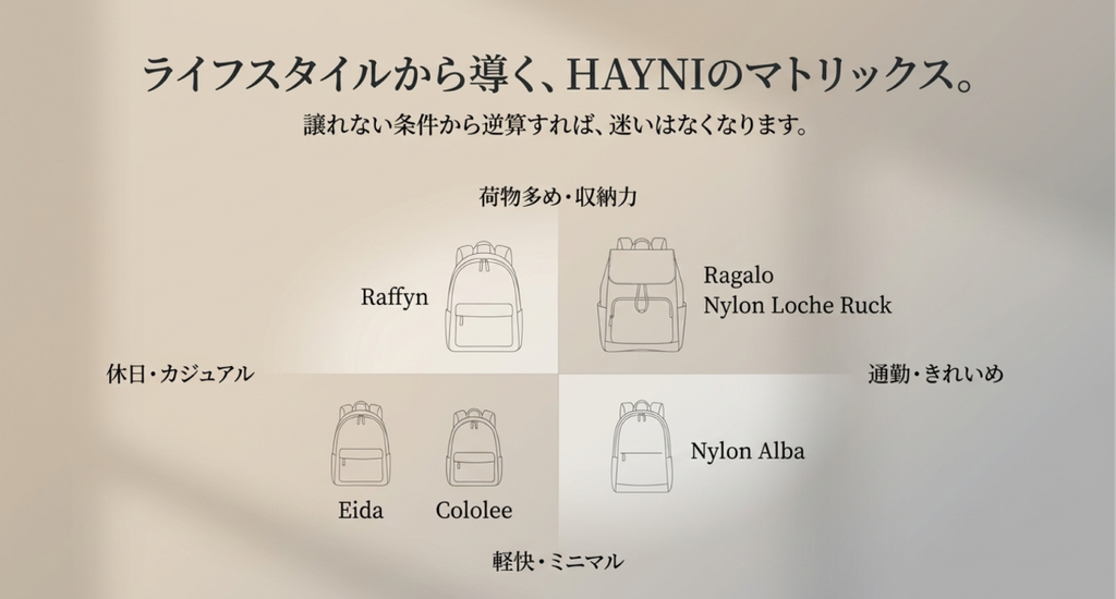 Ragalo、Nylon Loche Ruck、Raffyn、Eida、Cololee、Nylon Albaを収納力、軽快さ、通勤、休日といった用途別に配置した比較マトリックス