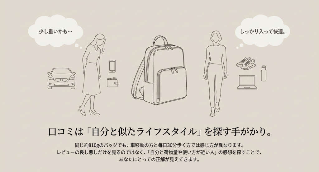 リュックと車移動する女性、PCや水筒などの荷物を持つ女性を描き、口コミは自分と似た使い方の人を参考にする考え方を示した図