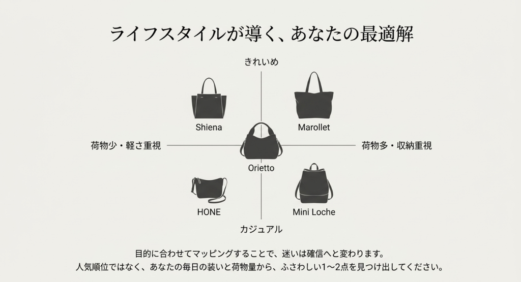 小さすぎる、重すぎる、仕切りを使わないなど候補から外す理由を書き出し、自分の生活に合うバッグを絞り込む考え方を示した画像