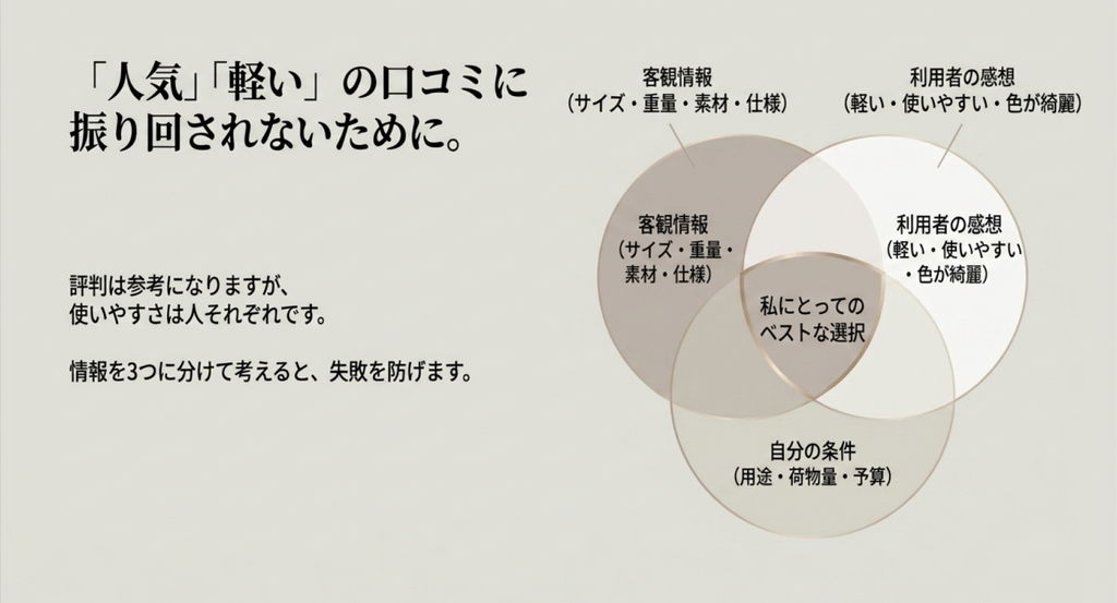 サイズや重量などの客観情報、利用者の感想、自分の用途や荷物量などの条件を3つの円で整理し、最適なバッグ選びを示した図