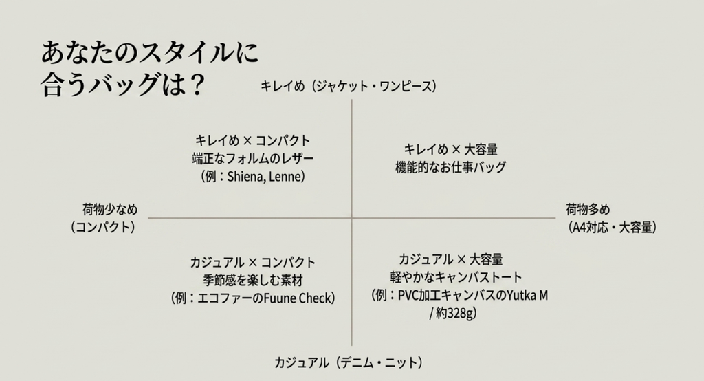 きれいめとカジュアル、荷物少なめと多めの軸で、コンパクトバッグや大容量バッグなど自分のスタイルに合うタイプを整理した図
