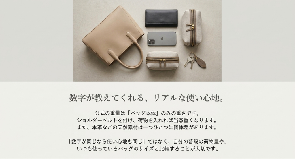 バッグの横に財布、スマートフォン、ポーチ、鍵を並べ、本体重量だけでなく荷物を入れた実際の重さまで考える重要性を示した画像