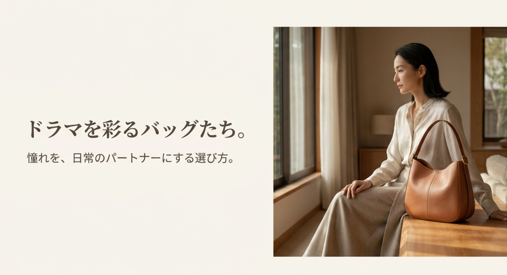 女性がブラウンのショルダーバッグと過ごし、ドラマで憧れたバッグを日常のパートナーとして選ぶ考え方を表した画像