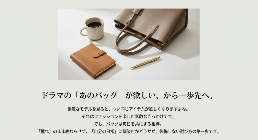 バッグと手帳、コーヒーカップ、ペンを並べ、ドラマで憧れたバッグが自分の日常に馴染むか考える重要性を示した画像