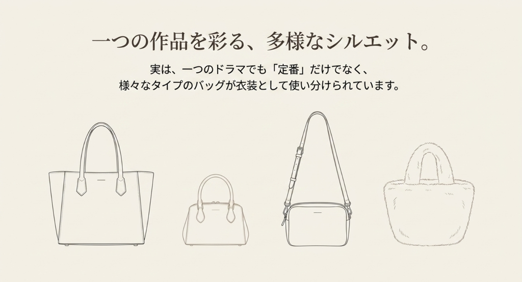 トートバッグ、ハンドバッグ、ショルダーバッグ、ファーバッグを並べ、一つのドラマでも多様なバッグが衣装として使われることを示した図