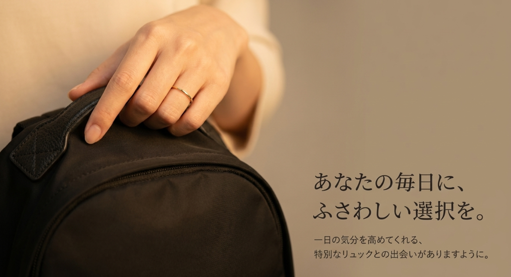 黒いリュックの生地やファスナーを大きく写し、人気だけでなく重さや収納、普段の服装に合うリュックを選ぶ大切さを伝えるまとめ画像