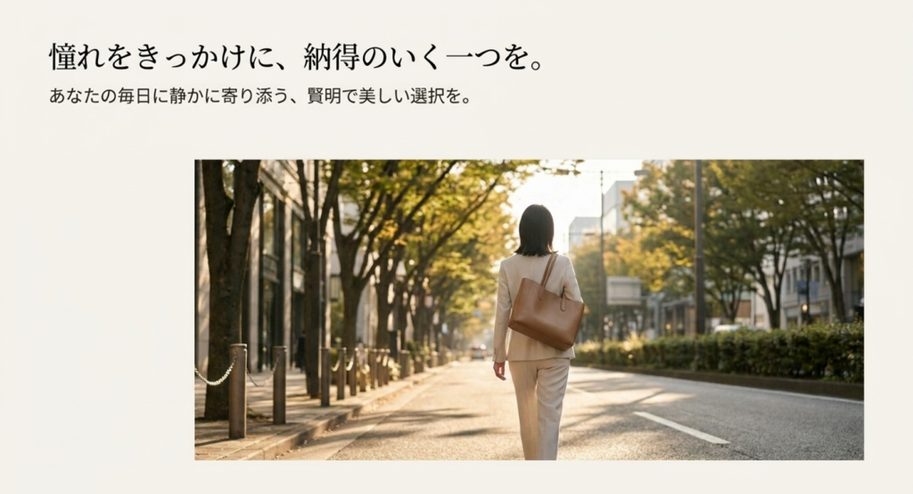 トートバッグを肩に掛けて街を歩く女性とともに、ドラマへの憧れをきっかけに自分の日常に合うバッグを選ぶ考え方を表した画像