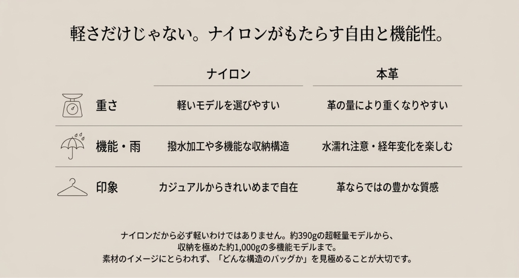 ナイロンと本革について、重さ、雨への扱いやすさ、見た目の印象を比較し、素材だけでなくバッグの構造を見る重要性を示した表