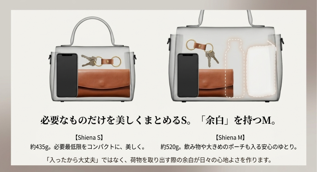 Shiena S約435gとShiena M約520gのバッグ内部を透過表示し、財布やスマートフォン、鍵、飲み物などの収納量の違いを比較した画像