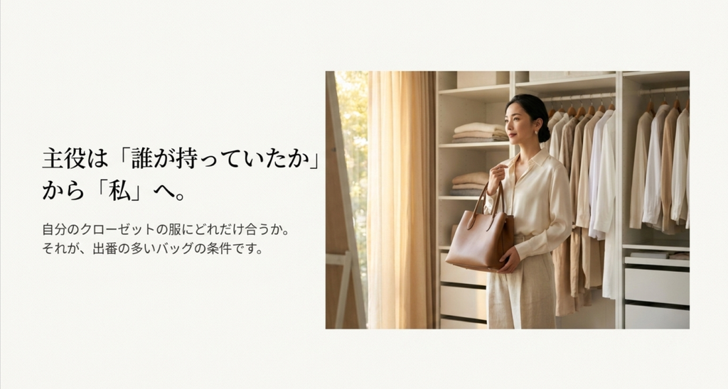 クローゼットの前でバッグを持つ女性とともに、誰が持っていたかより普段の服にどれだけ合うかを重視する選び方を表した画像