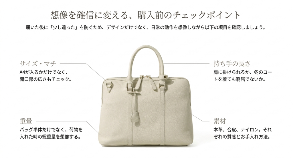 ベージュのバッグを例に、サイズとマチ、持ち手の長さ、荷物を入れたときの重量、素材の特徴を確認するポイントを示した図解