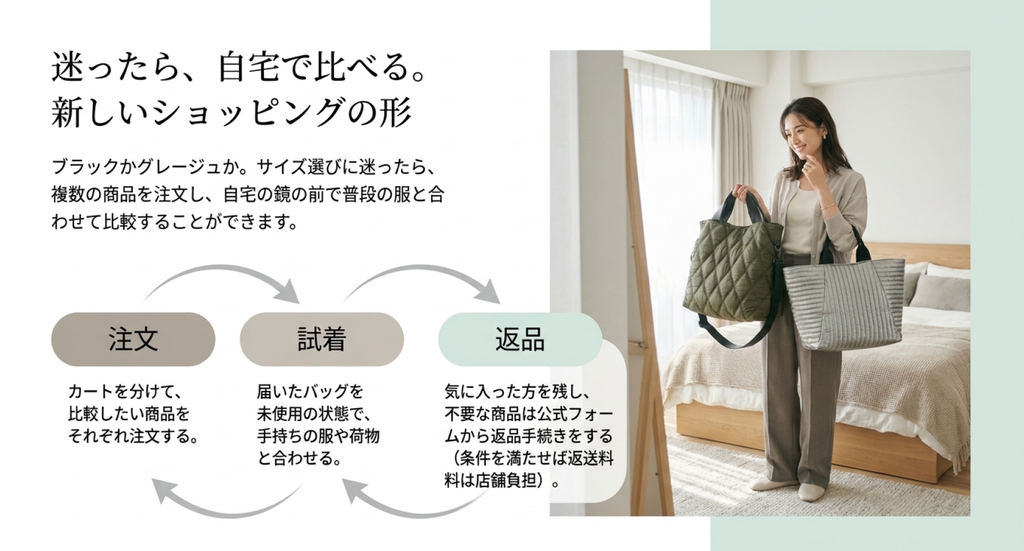 カーキとグレーのキルティングバッグを比較する女性と、複数の商品を注文し、未使用状態で比較して不要な商品を返品する流れを示した図