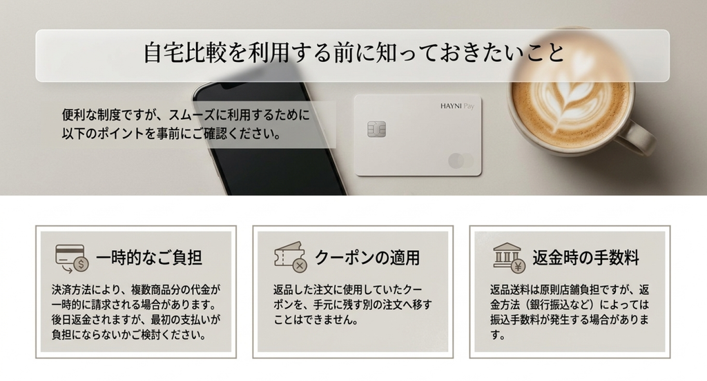 複数商品購入時の一時的な支払い負担、返品した注文のクーポンの扱い、返金方法によって発生する手数料をまとめた図解