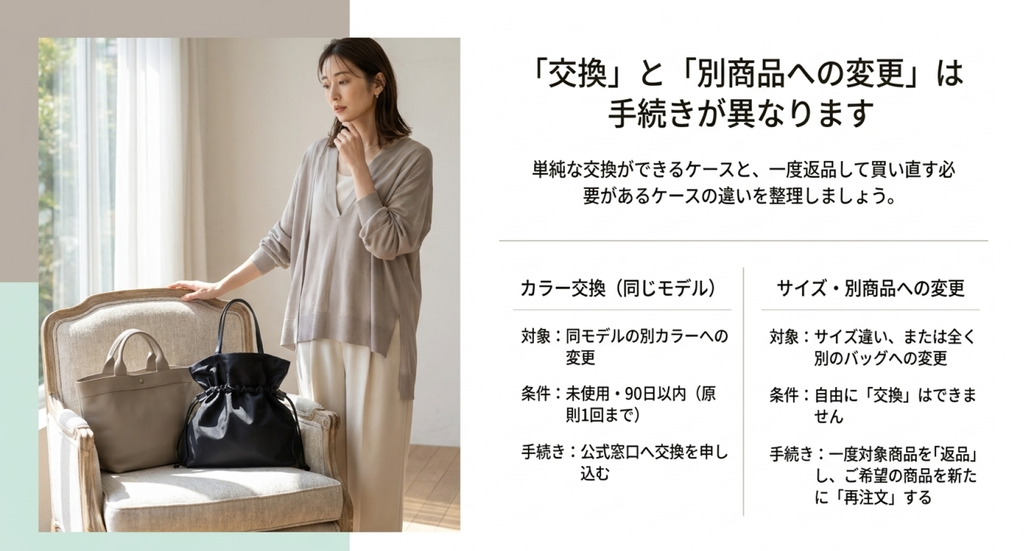 ベージュと黒のバッグを並べた写真と、同じモデルのカラー交換は条件付きで対応し、サイズ違いや別商品への変更は返品と再注文が必要になることを比較した図