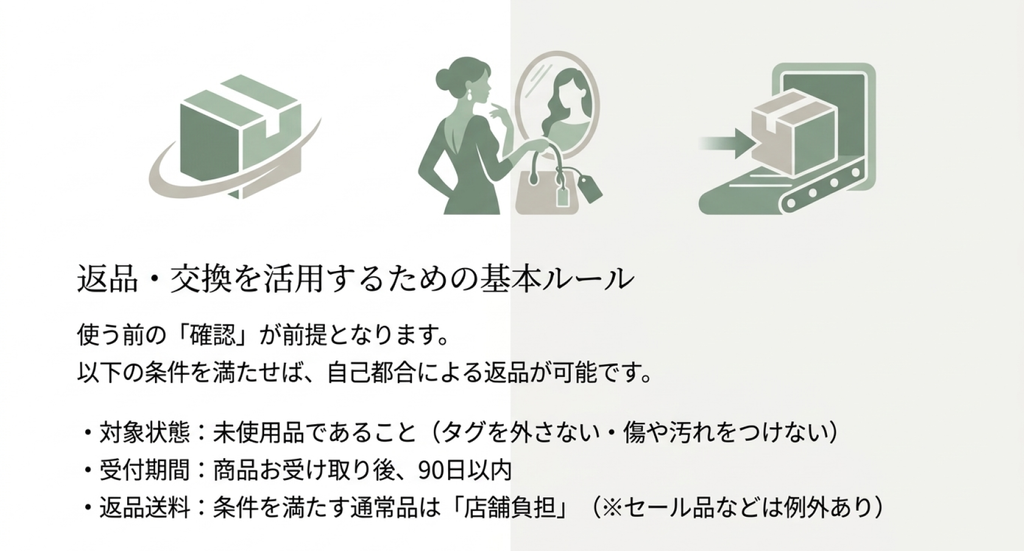 未使用品であること、商品受取後90日以内の受付、通常品の返品送料は店舗負担であることなど、返品と交換の基本条件をまとめた図