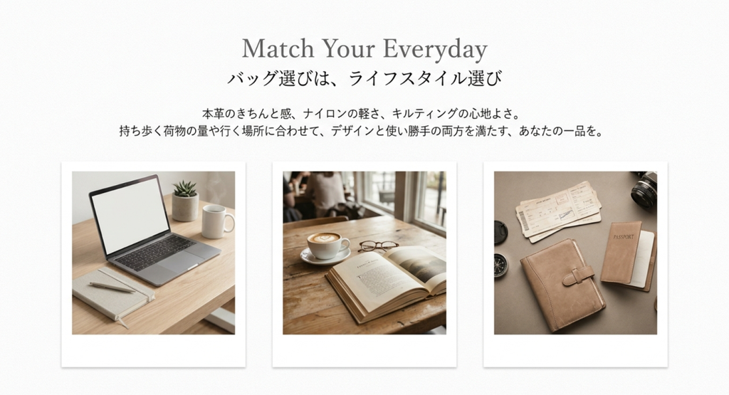 仕事用のノートPC、休日の読書やカフェ、旅行用の手帳やパスポートを例に、用途に合ったトートバッグの選び方を紹介