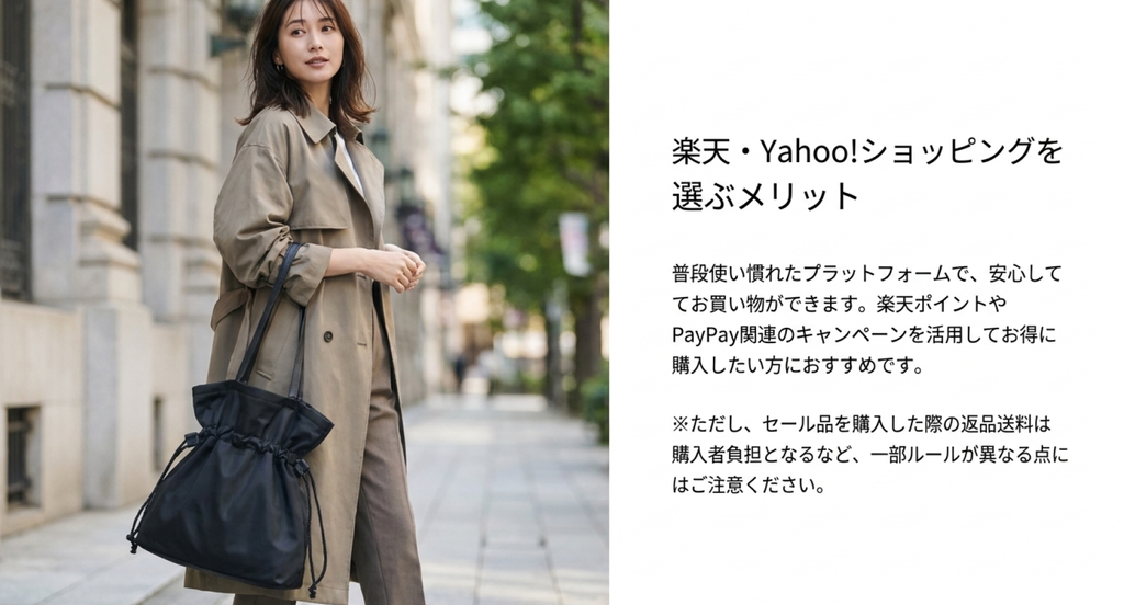 黒いバッグを持つ女性と、楽天ポイントやPayPay関連のキャンペーンを活用するメリット、セール品の返品送料に関する注意点を説明したスライド