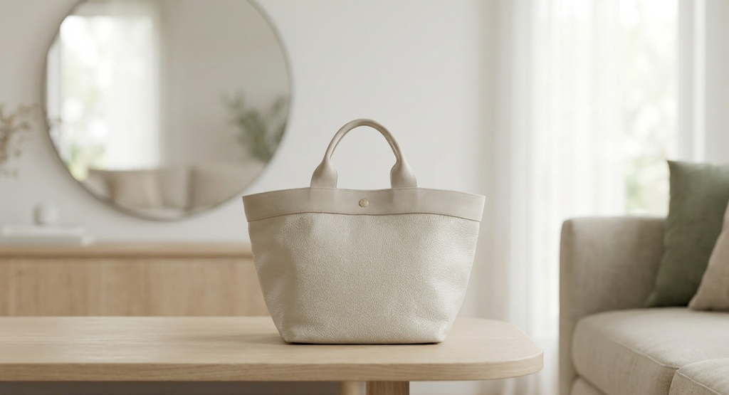 明るいリビングの木製テーブルに置かれた、短い持ち手とシンプルなデザインが特徴のベージュのトートバッグ