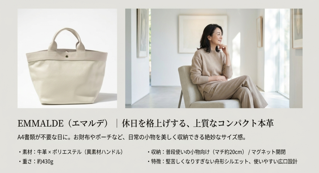 アイボリー系の本革トートバッグであるエマルデと、ベージュのニットとパンツを合わせた女性の休日コーディネート