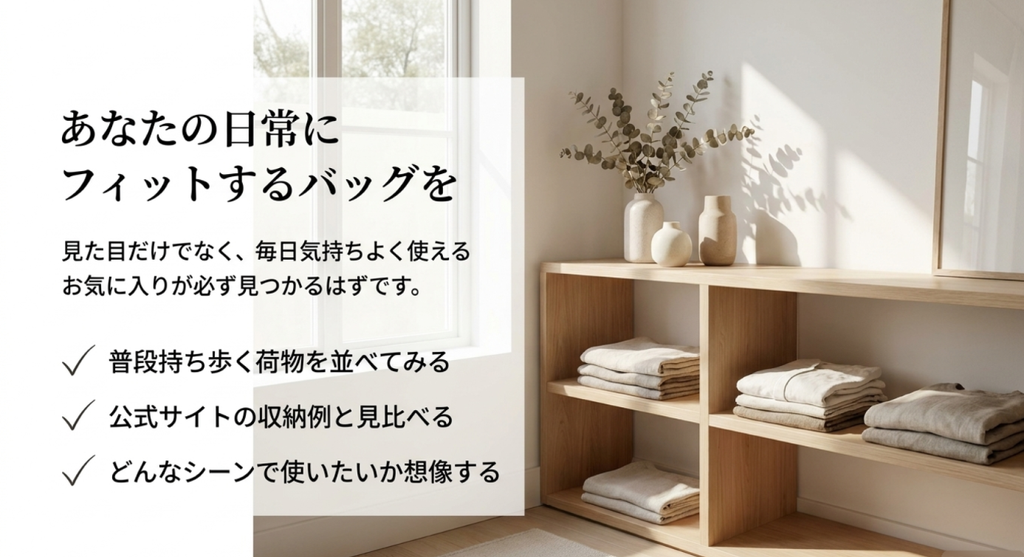 日差しが差し込む室内の収納棚を背景に、「あなたの日常にフィットするバッグを」というメッセージを掲載した画像。見た目だけでなく毎日気持ちよく使えるバッグを選ぶために、普段持ち歩く荷物を並べること、公式サイトの収納例と比較すること、使用する場面を想像することの3つをチェックリストで紹介している。