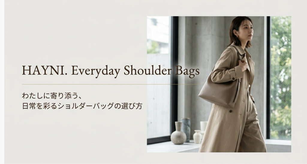 ベージュのトレンチコートに同系色のショルダーバッグを合わせた女性のイメージ。「HAYNI. Everyday Shoulder Bags」「わたしに寄り添う、日常を彩るショルダーバッグの選び方」というメッセージを掲載した表紙画像。