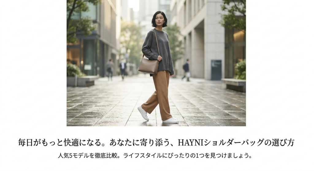 グレーのニットとブラウンのワイドパンツに、ベージュ系のショルダーバッグを合わせた女性が街を歩くイメージ。「毎日がもっと快適になる。あなたに寄り添う、HAYNIショルダーバッグの選び方」というキャッチコピーと、人気5モデルを比較してライフスタイルに合うバッグを見つけるというメッセージを掲載した画像。