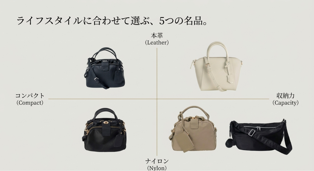ヘイニのショルダーバッグ5モデルを本革とナイロン、コンパクトさと収納力の2つの基準で分類した比較図。上段に本革のベイビーロシェとシエナS、下段にベイビーナイロンロシェ、ネネナイロンロシェ、ツキを配置し、ライフスタイルに合うモデルを視覚的に比較している。