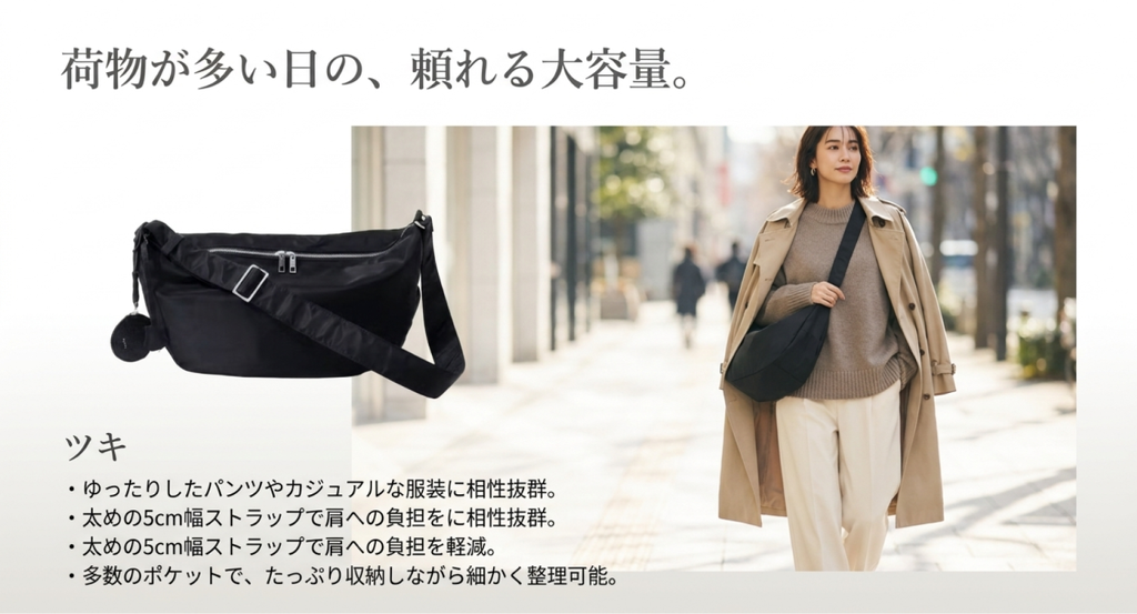 ヘイニの黒い月形ショルダーバッグ「ツキ」の単体画像と、ベージュのコートに斜めがけした女性の着用イメージ。「荷物が多い日の、頼れる大容量」という見出しのもと、幅約5cmの太めのストラップと、多数のポケットによる収納力を紹介している。