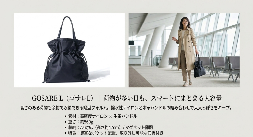 ブラックの縦型ナイロントートバッグであるゴサレLと、トレンチコートを着てバッグを持つ女性のコーディネート