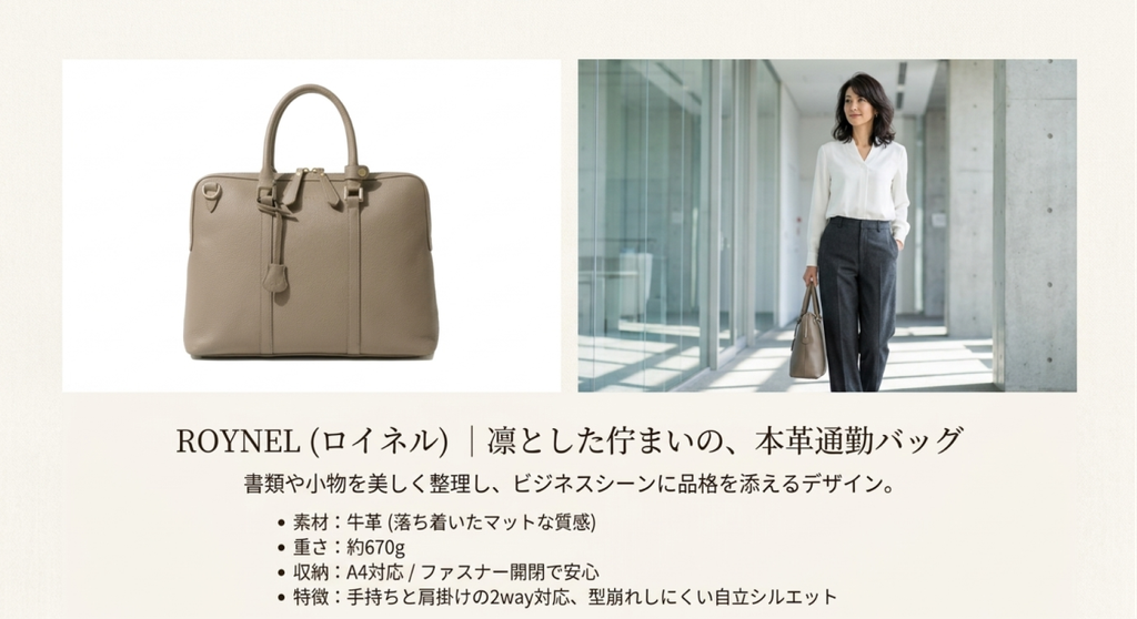 グレージュの本革バッグであるロイネルと、白いブラウスとダークカラーのパンツを合わせた女性の通勤コーディネート