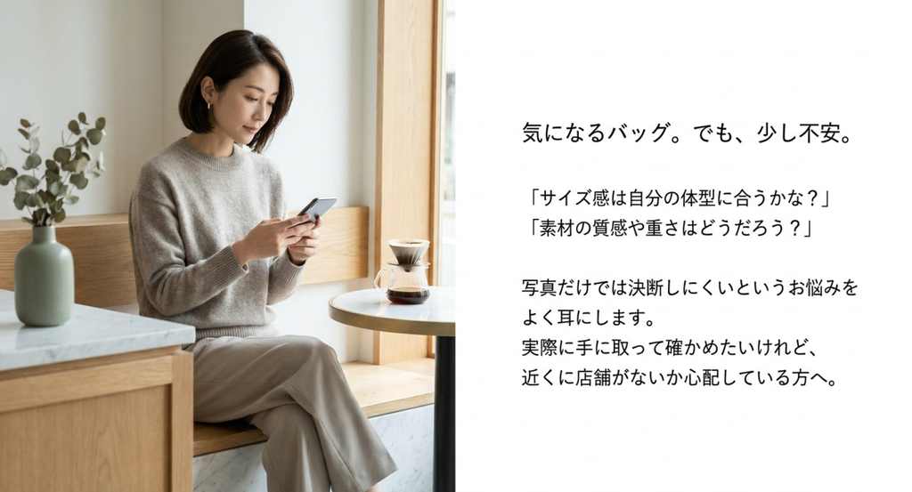 明るいカフェ風の室内で、グレーのニットを着た女性がスマートフォンを見ている様子。右側には「気になるバッグ。でも、少し不安。」という見出しと、「サイズ感は自分の体型に合うかな？」「素材の質感や重さはどうだろう？」という疑問が並び、写真だけでは判断しにくいことや、近くに実店舗がない不安を表現している。