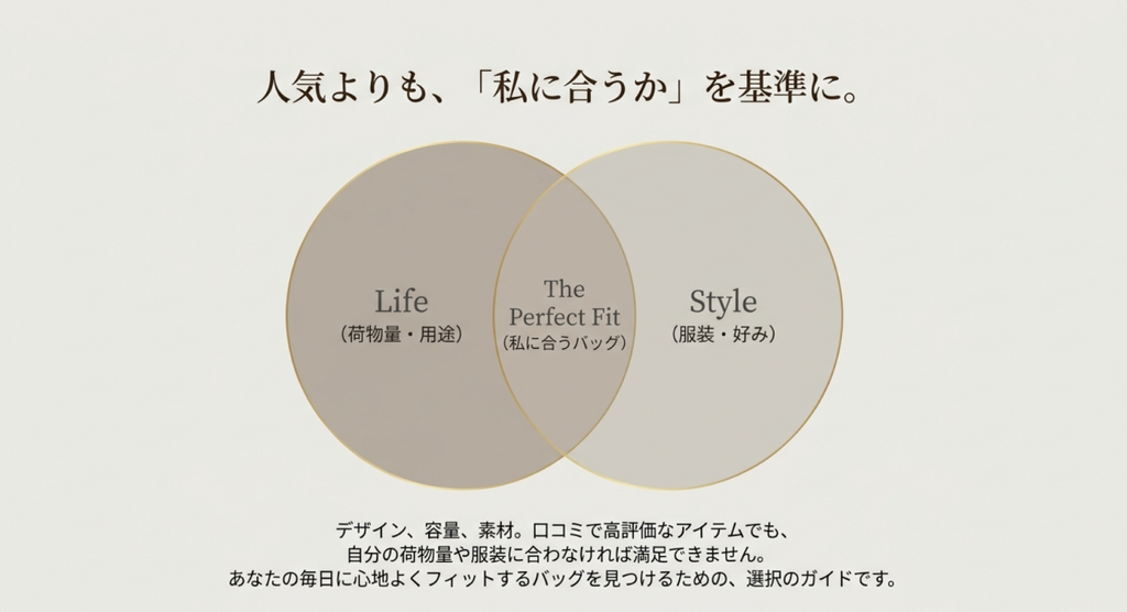 「人気よりも、私に合うかを基準に」というメッセージと、2つの円が重なる図を使ったバッグ選びの解説画像。荷物量や用途を表すLifeと、服装や好みを表すStyleが重なる部分に、自分にぴったりのバッグを意味するThe Perfect Fitを配置している。