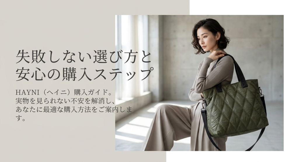カーキ色のキルティングトートバッグを肩に掛けた女性と、ヘイニのバッグを通販で失敗せずに選ぶための購入ガイド