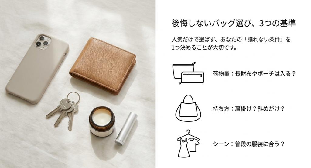 スマートフォン、財布、鍵、化粧品の写真と3つのアイコンを使い、後悔しないバッグ選びの基準を解説した画像。荷物量と収納力、肩掛けや斜めがけなどの持ち方、普段の服装や利用シーンとの相性を確認することの重要性を紹介。