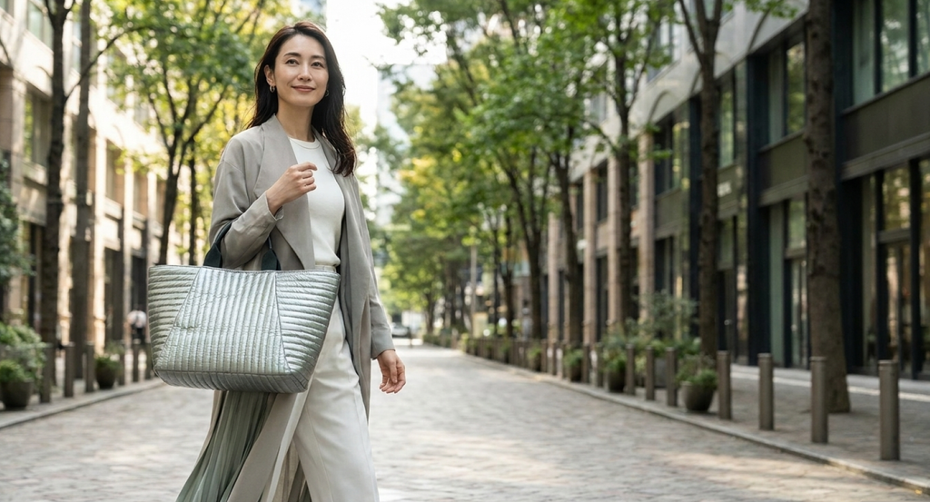 グレーのジャケットと淡い色のスカートに、シルバーのキルティングトートバッグを合わせて街を歩く女性
