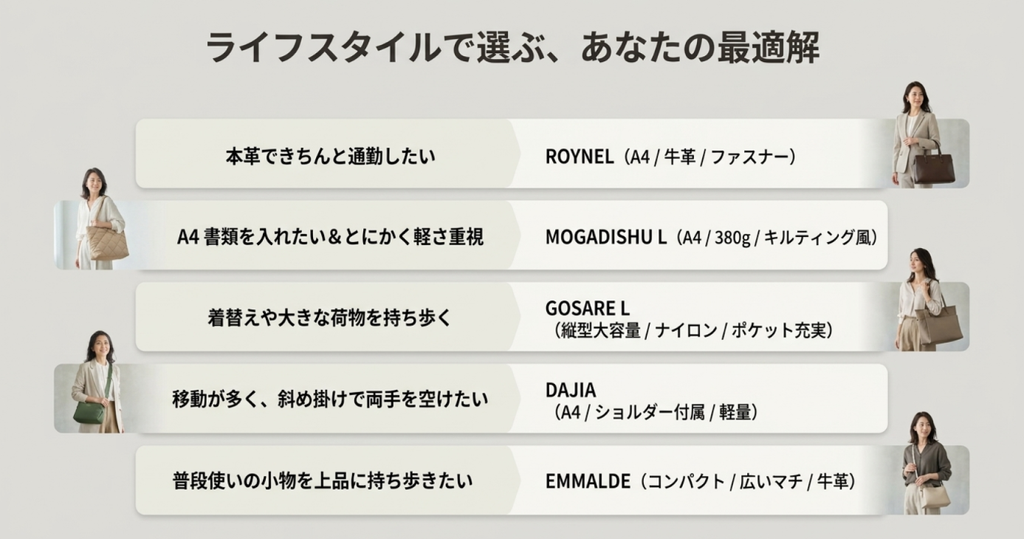 ロイネル、モガディシュL、ゴサレL、ダジア、エマルデを通勤、軽さ、大容量、斜め掛け、普段使いの5つの用途別に整理した比較図