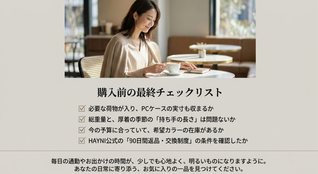 トートバッグ購入前に確認したい収納サイズとPCケースの実寸、総重量と持ち手の長さ、価格とカラーの在庫、返品・交換条件をまとめたチェックリスト