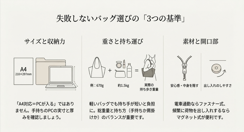 A4書類やPCの収納サイズ、荷物を含めた総重量、ファスナーとマグネットの開口部を比較した解説図