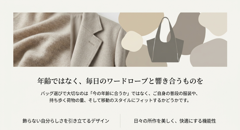 洋服の素材やジャケット、トートバッグのイラストを使い、年齢よりも普段の服装や荷物量との相性を重視する選び方を解説